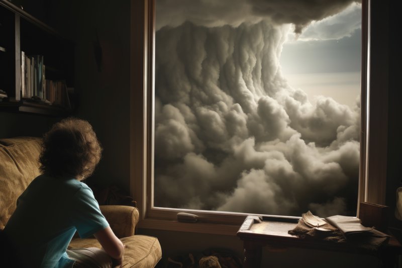 A person near a window on a stormy day holding their head, illustrating weather-related headache and mood sensitivity.